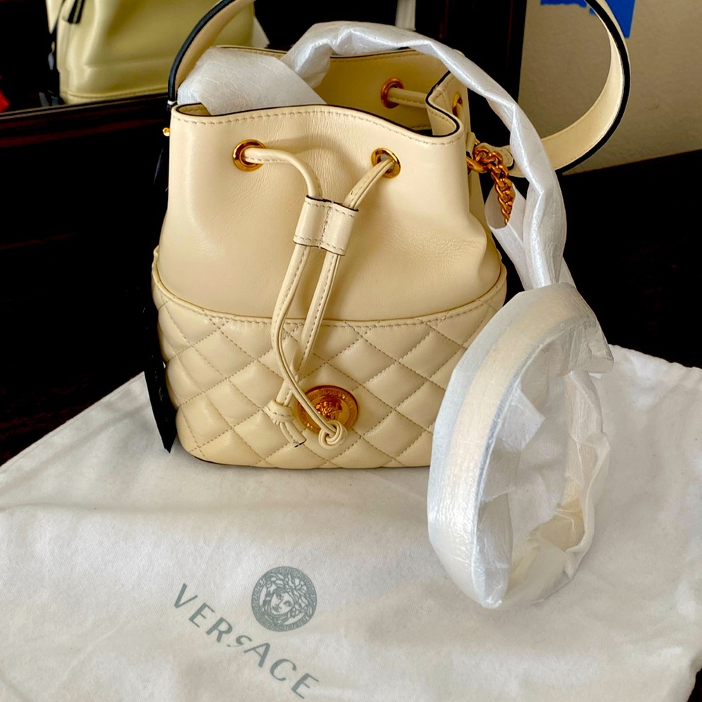 Versace Medusa Cream Quilted Lamb Leather Bucket Shoulder Bag
